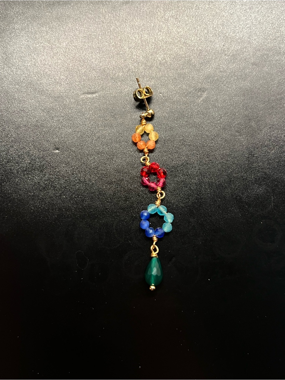 Gold Multicolor Gemstone Drop Earring - Rainbow Beaded Pendant (single earring)